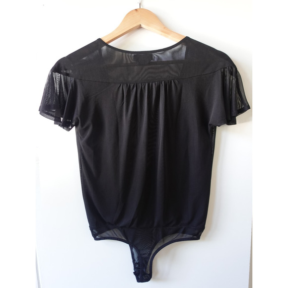 Bebe Bodysuit XS Black Mesh Sheer Flutter Sleeve Deep V Wrap Top VTG 90s Y2K - Picture 4 of 6